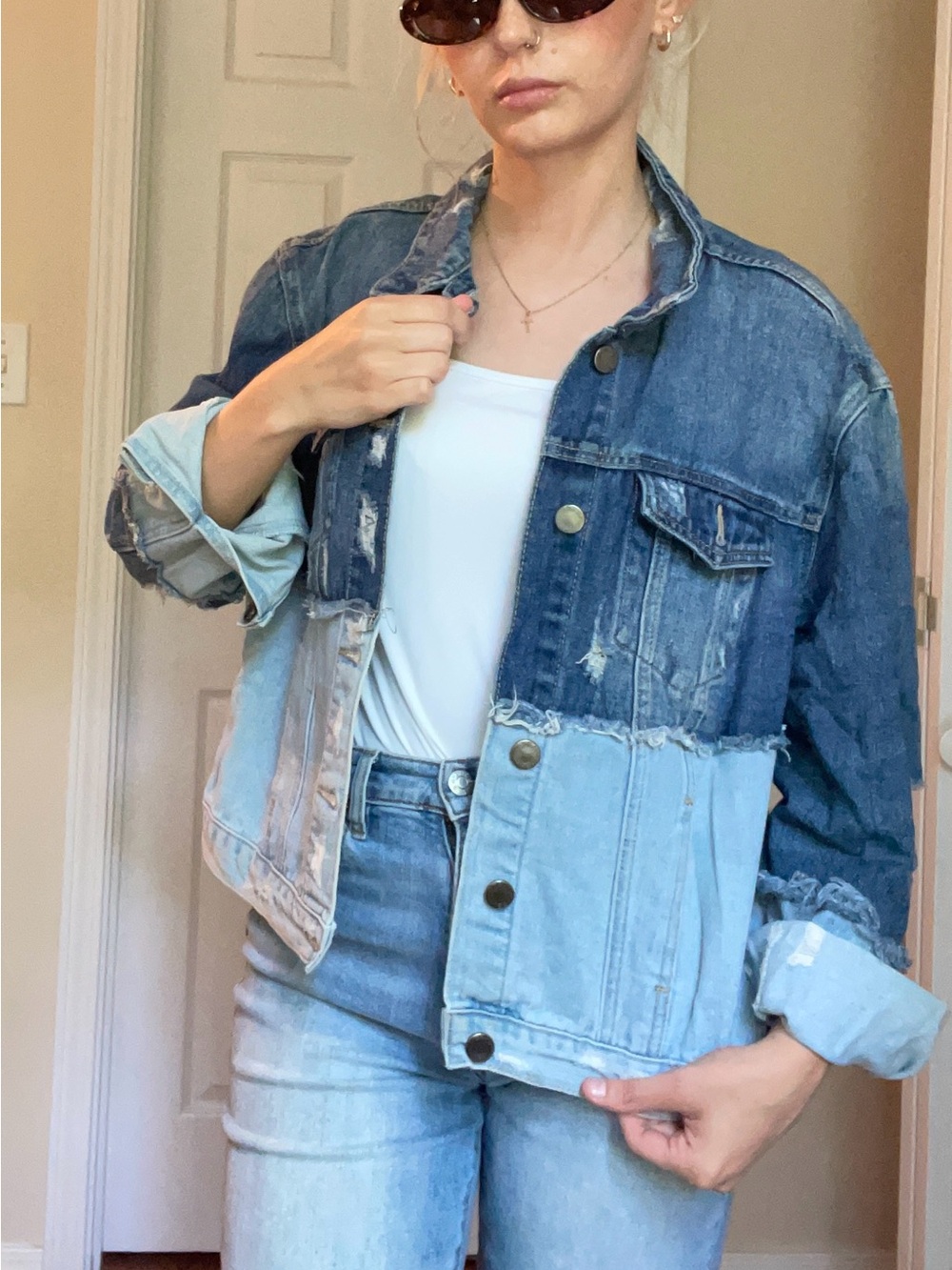 BBJ Los Angeles Distressed Two-Tone Denim Jacket - Blue